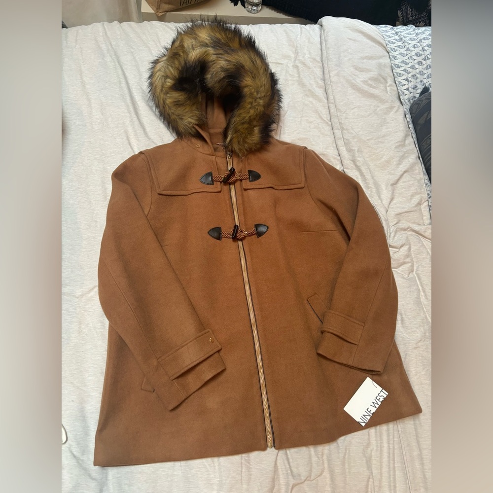 NWT Nine West Wool Hooded Jacket with Removable Faux Fur